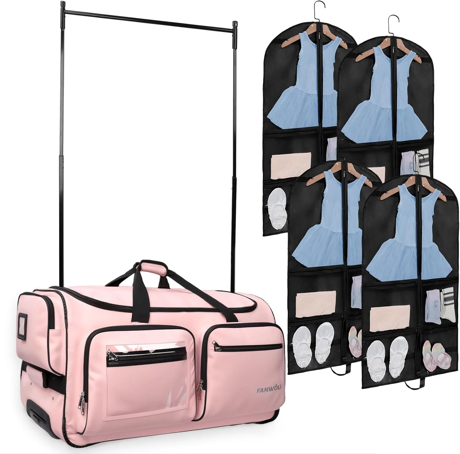 Fanwoli Bundles Kits | 28" Dance Bag with Garment Rack(Pink) & 4-Piece Costume Bag Cover(Black)