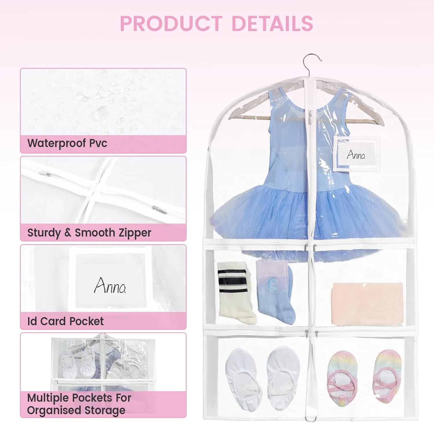 Fanwoli Clear PVC Dance Costume Bags (4 Pack), 40 Inch Garment Bag for Dance Competitions, Cheerleader Uniform Bag, with 4 Zipper Pockets