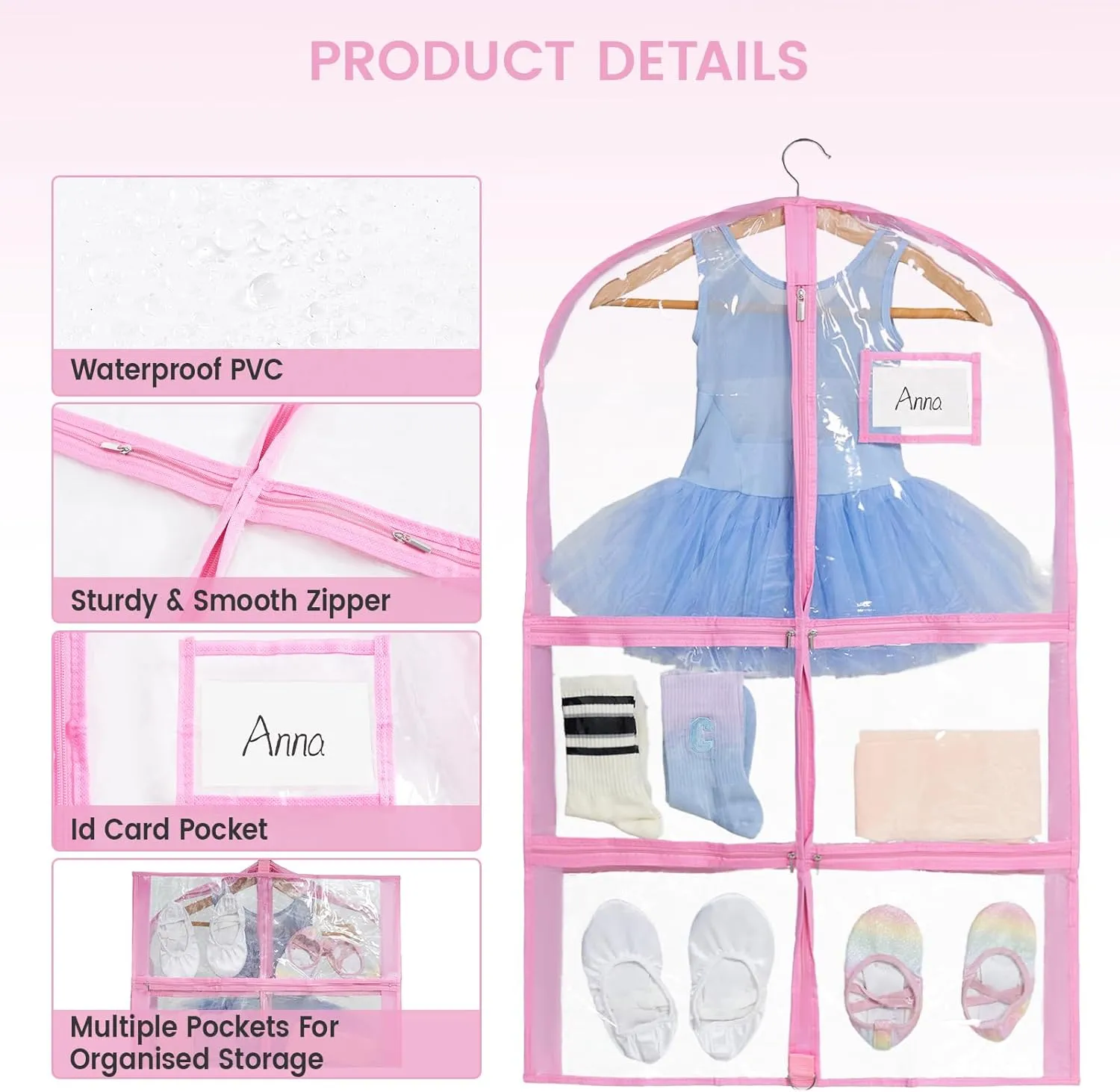 Fanwoli Dance Costume Bags (4 Pack Clear PVC), 40 Inch Garment Bag for Dance Competitions, Cheerleader Uniform Bag, with 4 Zipper Pockets