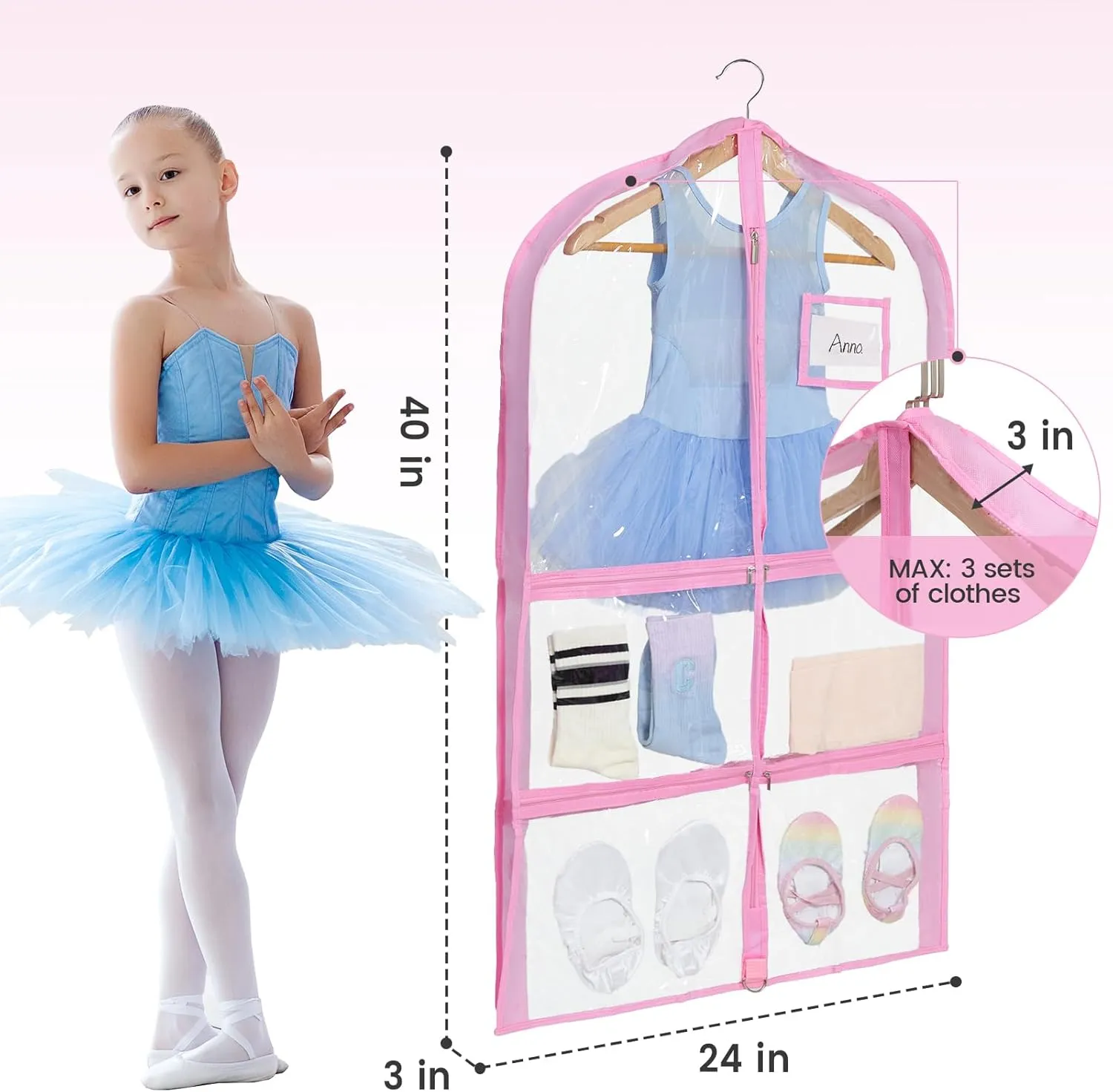 Fanwoli Dance Costume Bags (4 Pack Clear PVC), 40 Inch Garment Bag for Dance Competitions, Cheerleader Uniform Bag, with 4 Zipper Pockets