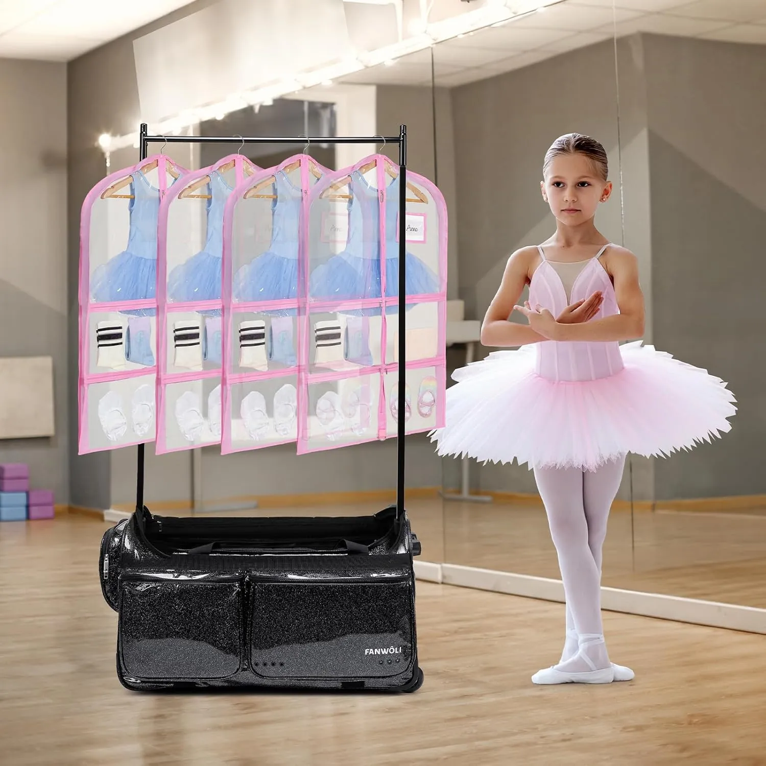Fanwoli Dance Costume Bags (4 Pack Clear PVC), 40 Inch Garment Bag for Dance Competitions, Cheerleader Uniform Bag, with 4 Zipper Pockets