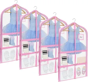 Fanwoli Dance Costume Bags (4 Pack Clear PVC), 40 Inch Garment Bag for Dance Competitions, Cheerleader Uniform Bag, with 4 Zipper Pockets