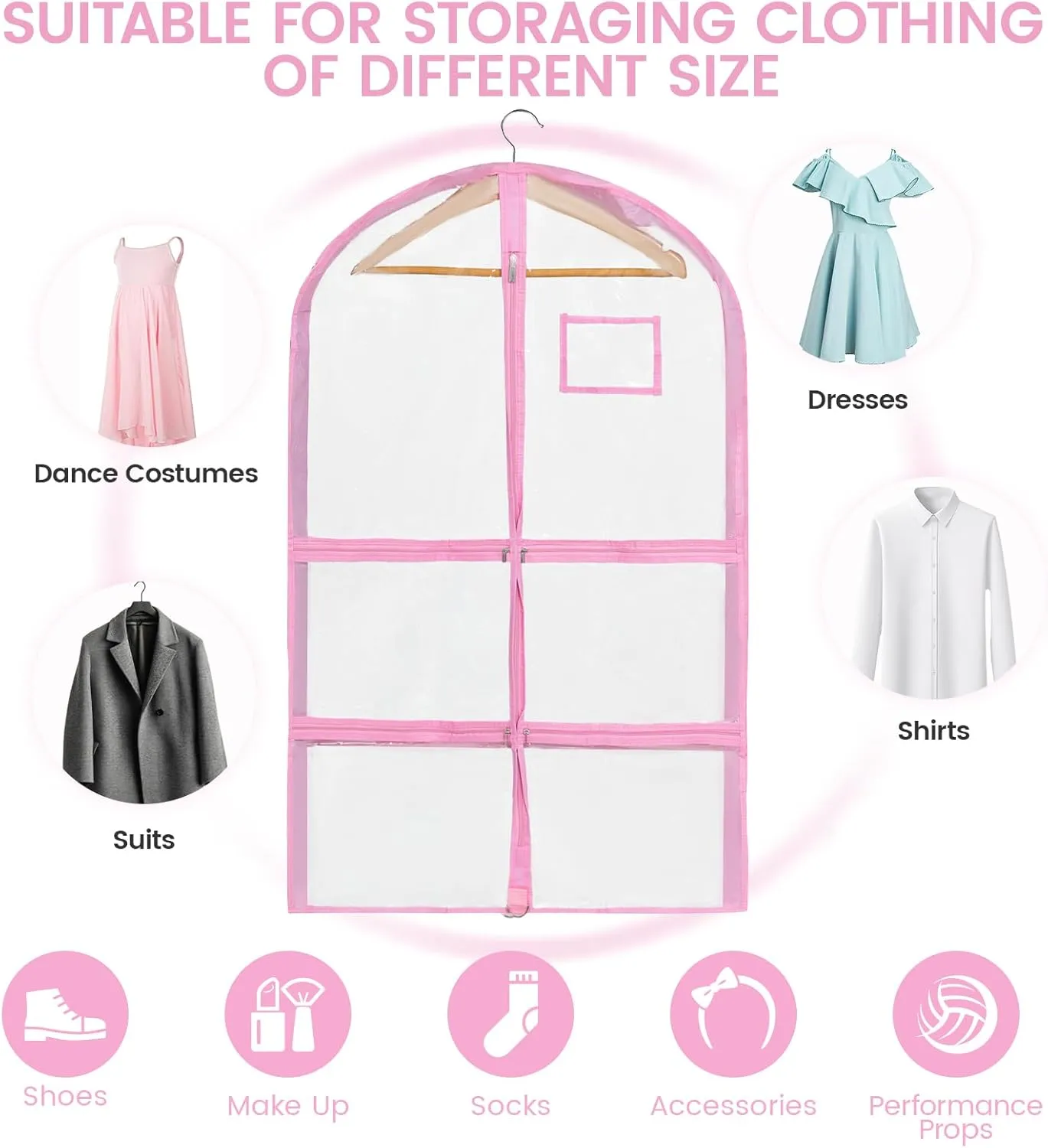 Fanwoli Dance Costume Bags (4 Pack Clear PVC), 40 Inch Garment Bag for Dance Competitions, Cheerleader Uniform Bag, with 4 Zipper Pockets