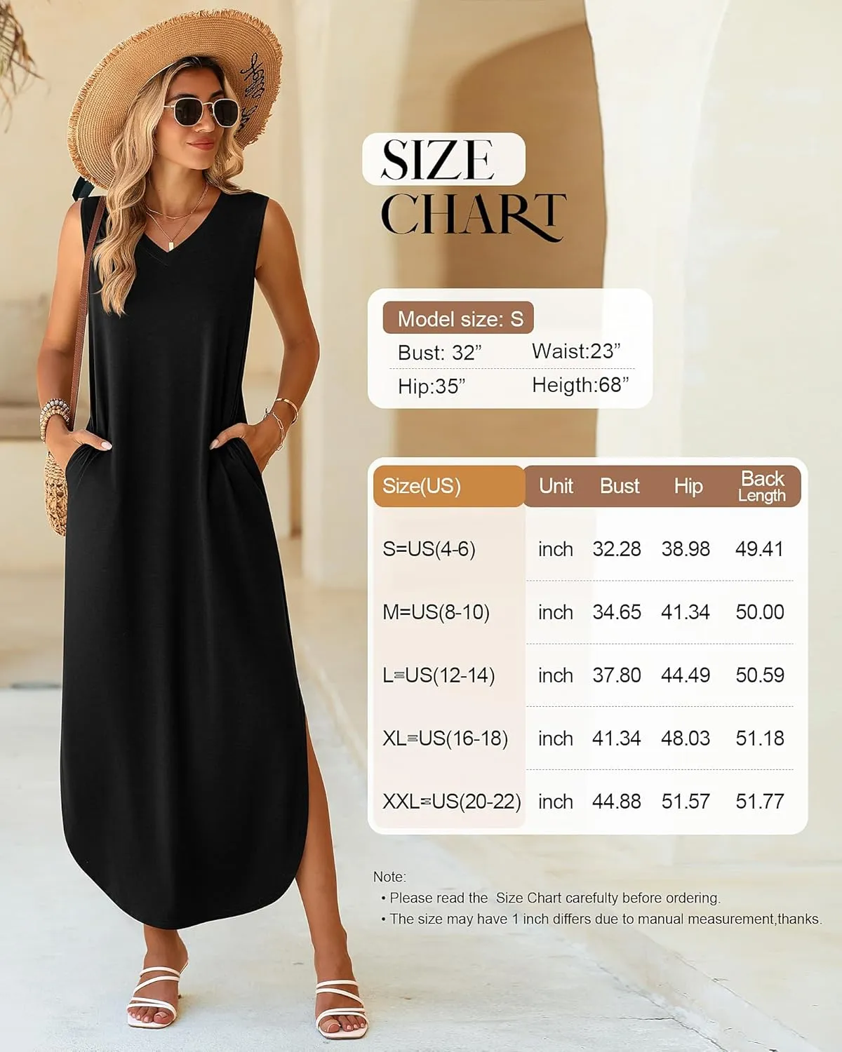 Ficerd 2 Pcs Women's Maxi Dresses Summer Sleeveless Beach Long Dress V Neck Casual Loose Split Sundress with Pockets
