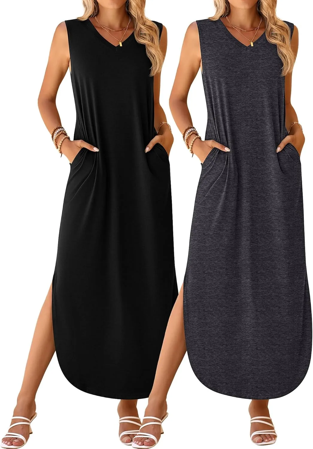 Ficerd 2 Pcs Women's Maxi Dresses Summer Sleeveless Beach Long Dress V Neck Casual Loose Split Sundress with Pockets