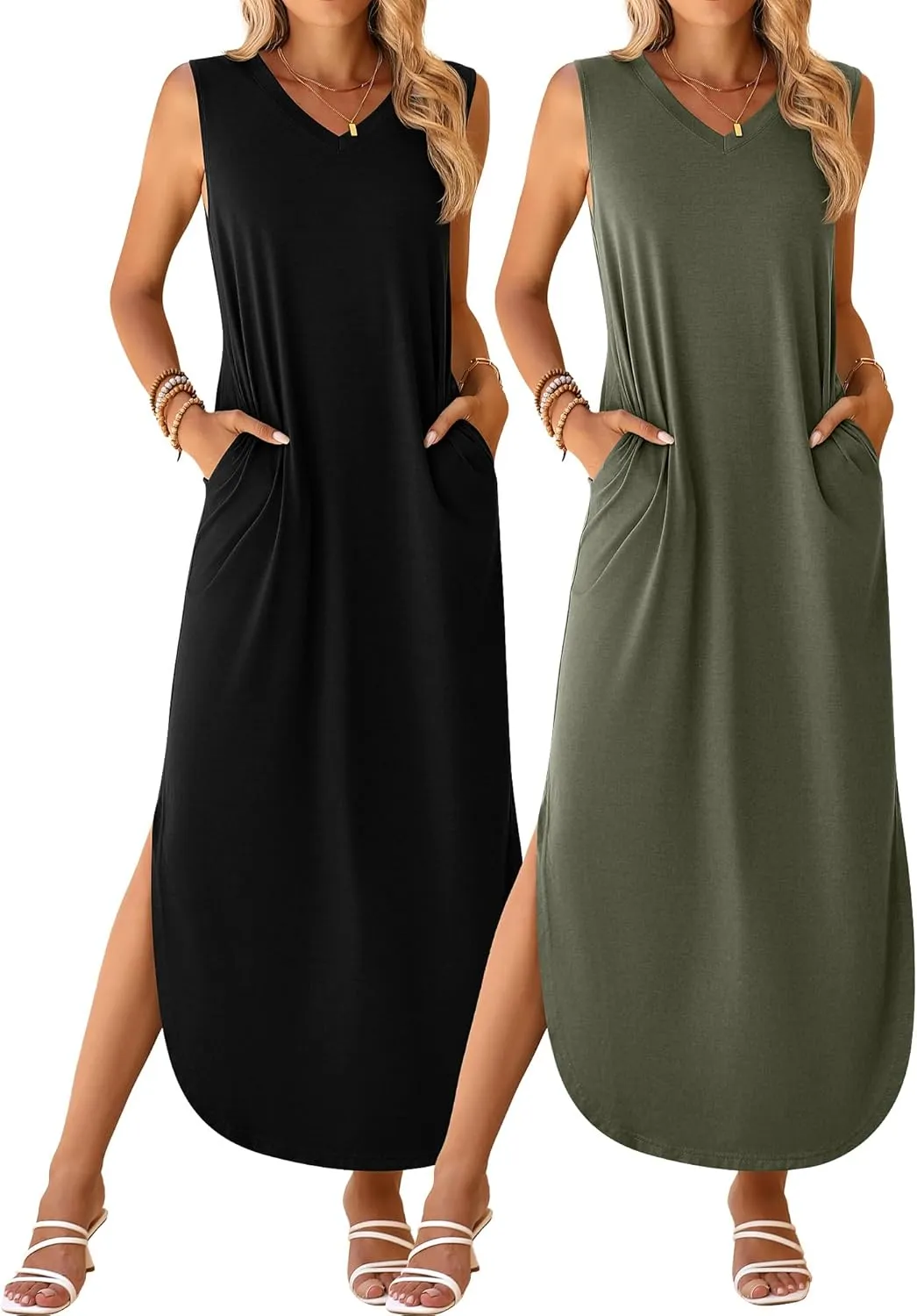 Ficerd 2 Pcs Women's Maxi Dresses Summer Sleeveless Beach Long Dress V Neck Casual Loose Split Sundress with Pockets