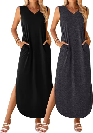 Ficerd 2 Pcs Women's Maxi Dresses Summer Sleeveless Beach Long Dress V Neck Casual Loose Split Sundress with Pockets