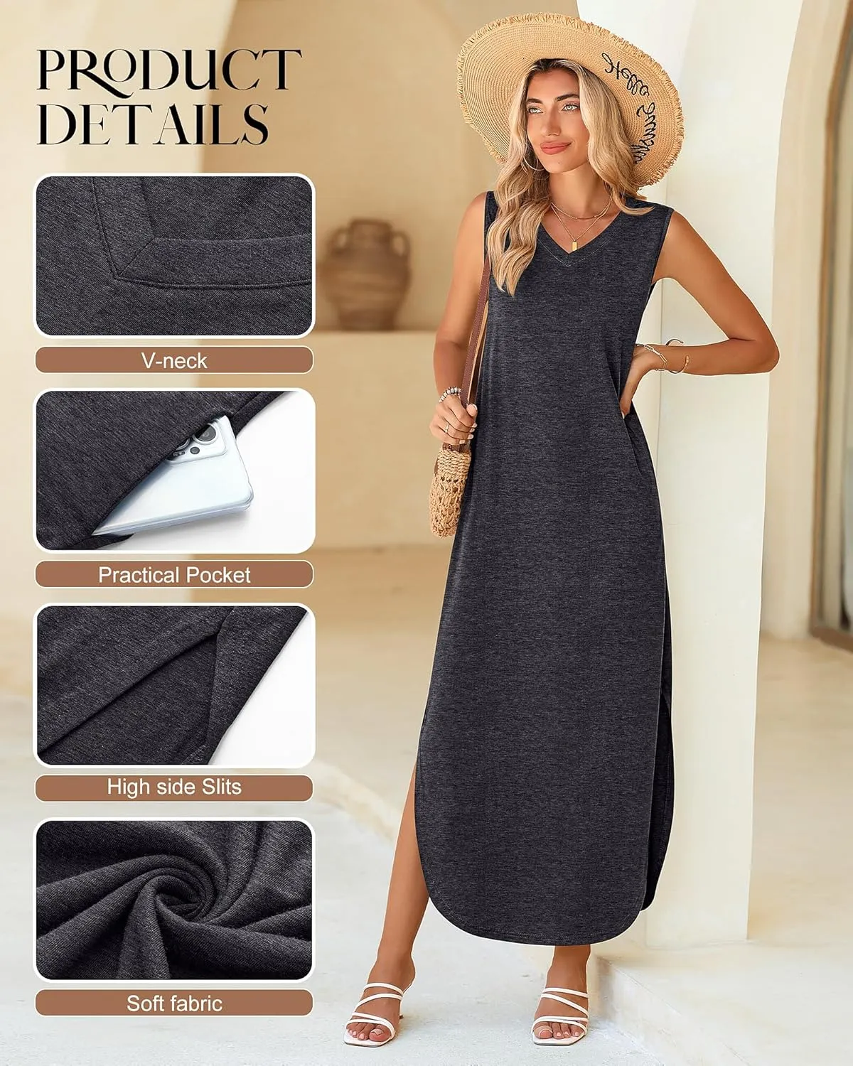 Ficerd 2 Pcs Women's Maxi Dresses Summer Sleeveless Beach Long Dress V Neck Casual Loose Split Sundress with Pockets