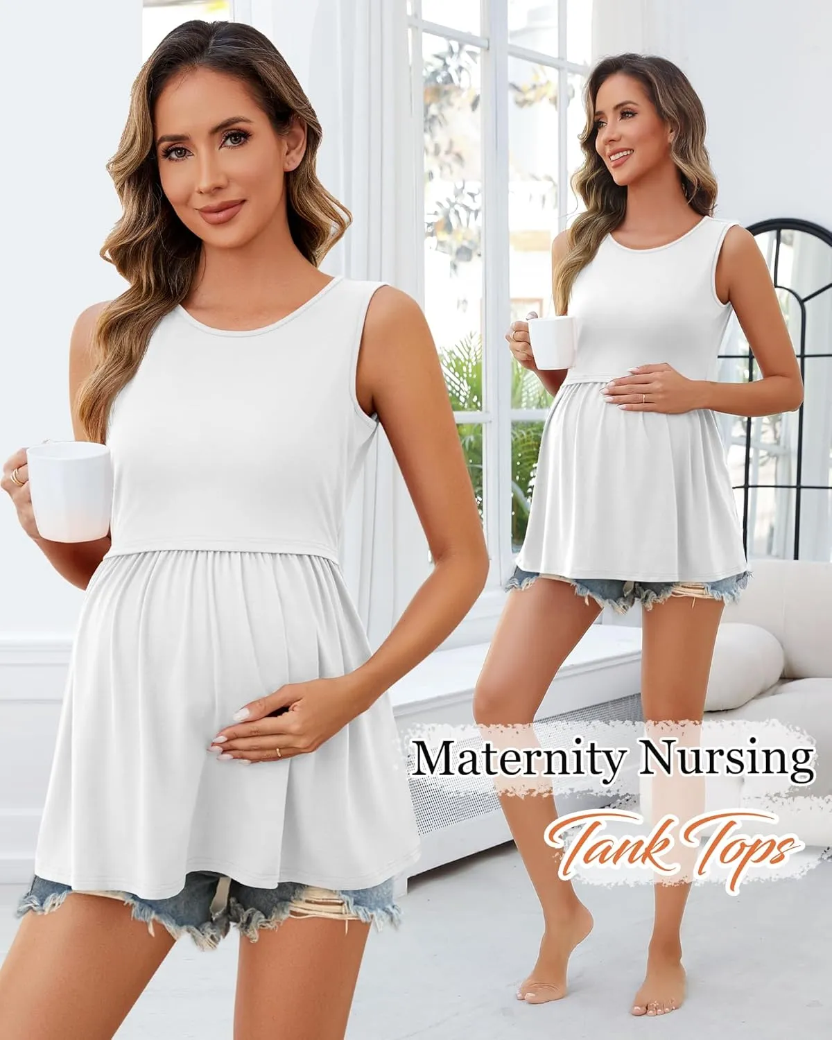 Ficerd 4 Pack Women's Maternity Nursing Tank Tops for Breastfeeding Cotton Round Neck Sleeveless Shirts Pregnancy Clothes