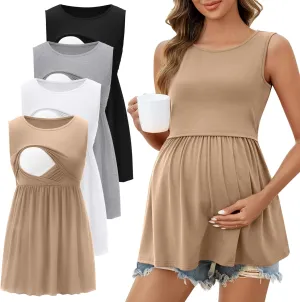 Ficerd 4 Pack Women's Maternity Nursing Tank Tops for Breastfeeding Cotton Round Neck Sleeveless Shirts Pregnancy Clothes