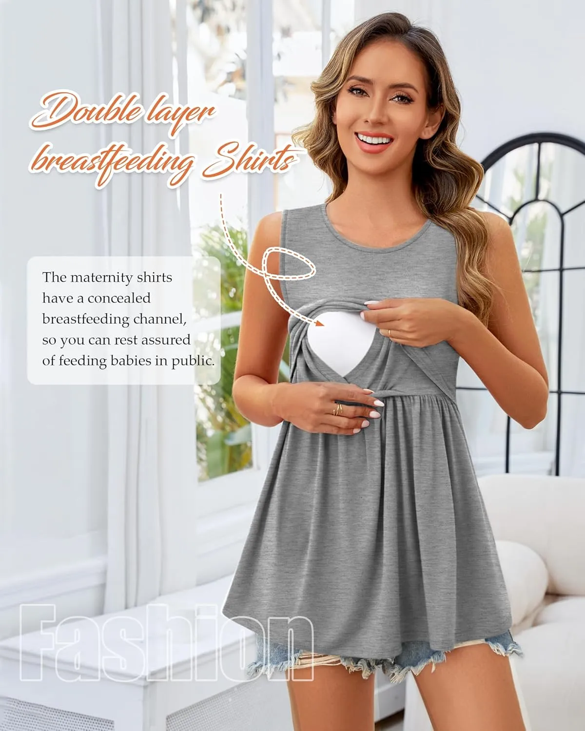 Ficerd 4 Pack Women's Maternity Nursing Tank Tops for Breastfeeding Cotton Round Neck Sleeveless Shirts Pregnancy Clothes