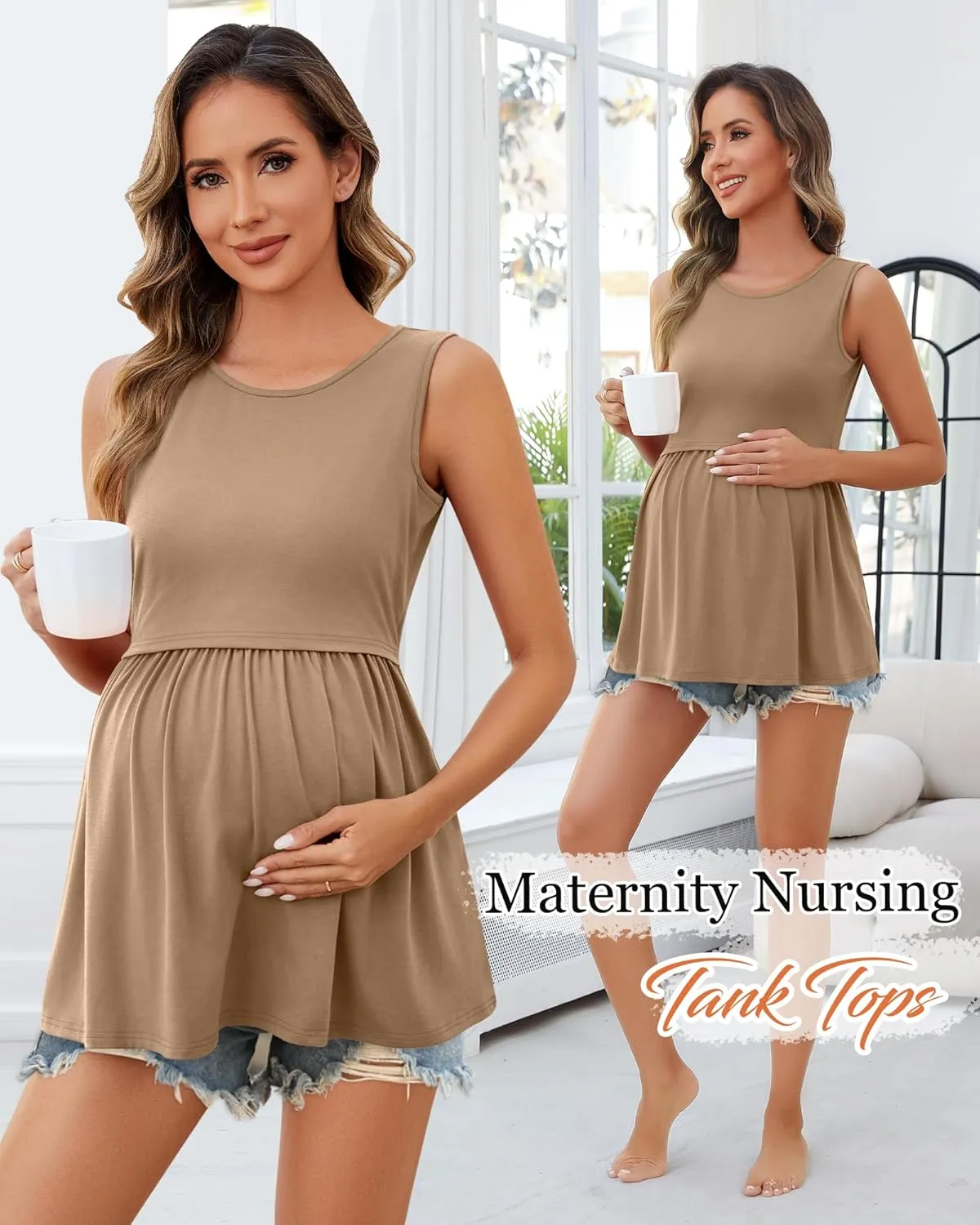 Ficerd 4 Pack Women's Maternity Nursing Tank Tops for Breastfeeding Cotton Round Neck Sleeveless Shirts Pregnancy Clothes