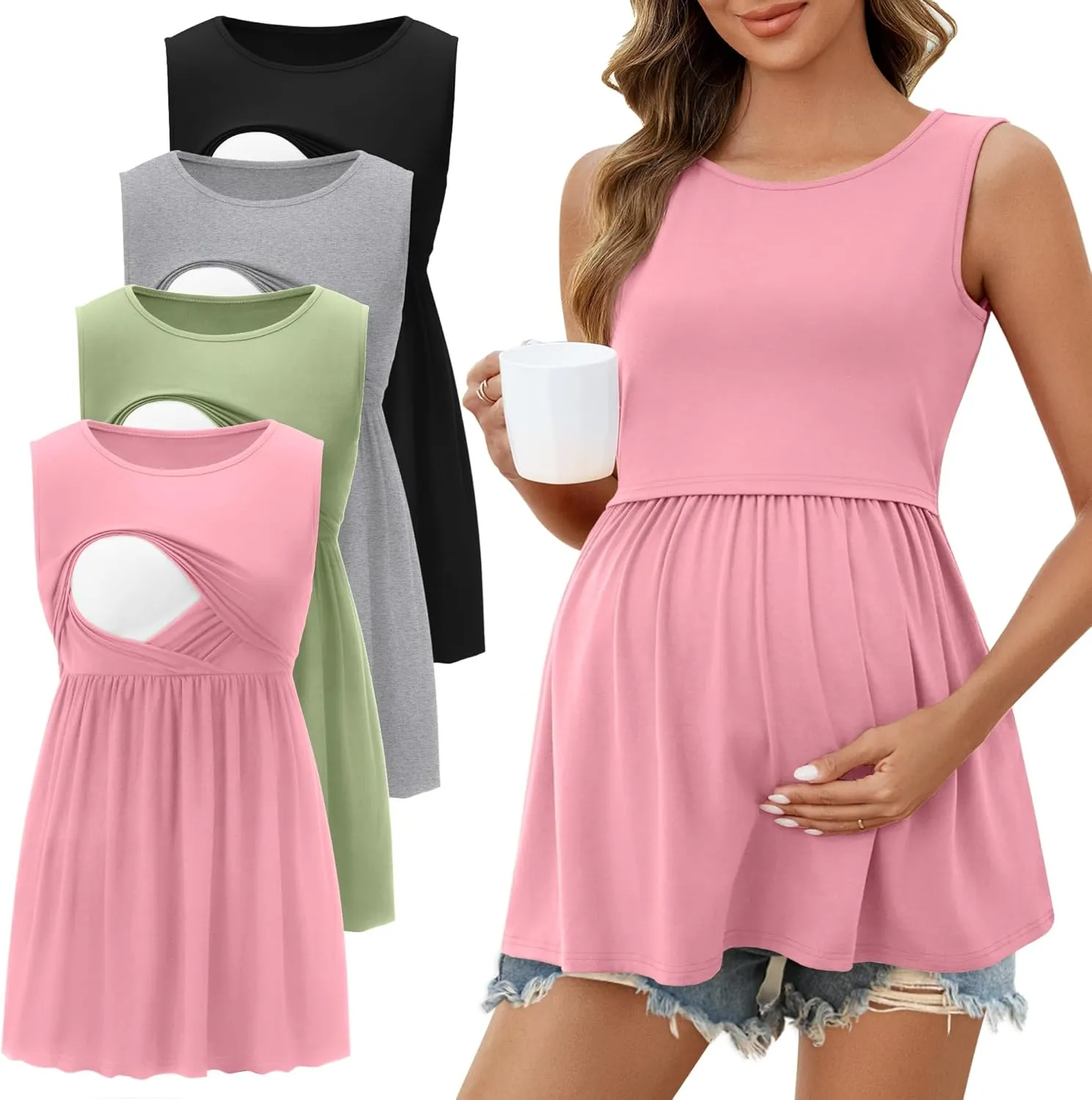 Ficerd 4 Pack Women's Maternity Nursing Tank Tops for Breastfeeding Cotton Round Neck Sleeveless Shirts Pregnancy Clothes