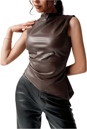Floerns Women's Ruched Sleeveless Shirts PU Leather Mock Neck Asymmetrical Hem Y2k Tank Top