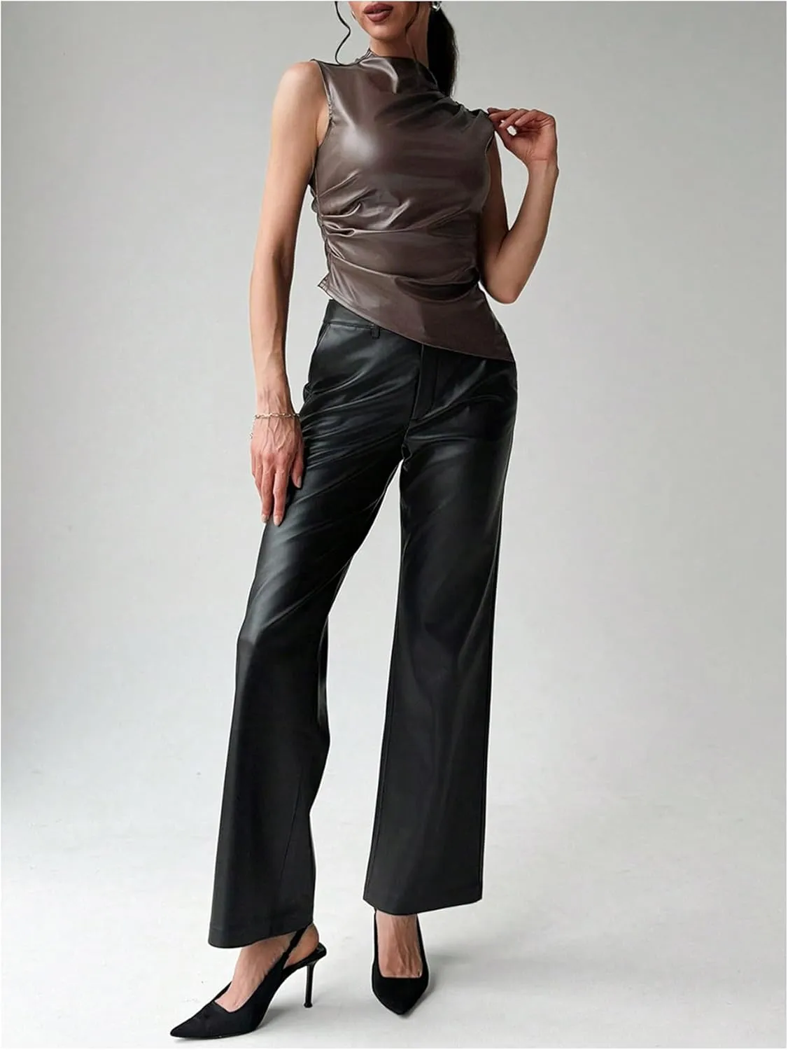 Floerns Women's Ruched Sleeveless Shirts PU Leather Mock Neck Asymmetrical Hem Y2k Tank Top