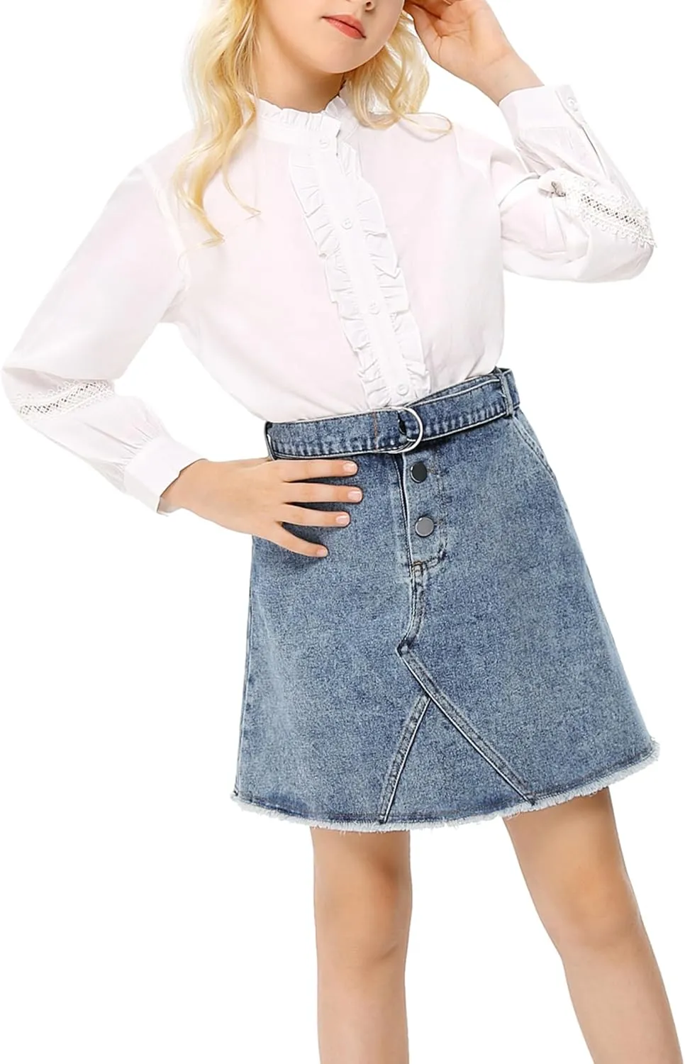 Girls Casual Denim Skirts Elastic High Waist A-Line Mini Cargo Skirt with Belt, Denim Hip Wrap Skirt