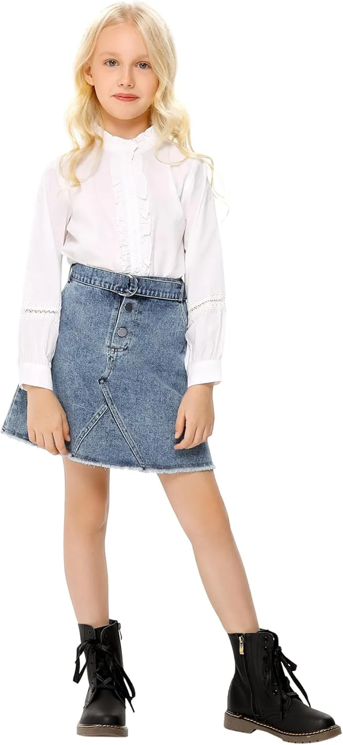 Girls Casual Denim Skirts Elastic High Waist A-Line Mini Cargo Skirt with Belt, Denim Hip Wrap Skirt