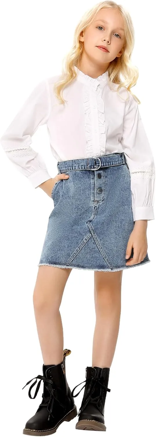 Girls Casual Denim Skirts Elastic High Waist A-Line Mini Cargo Skirt with Belt, Denim Hip Wrap Skirt