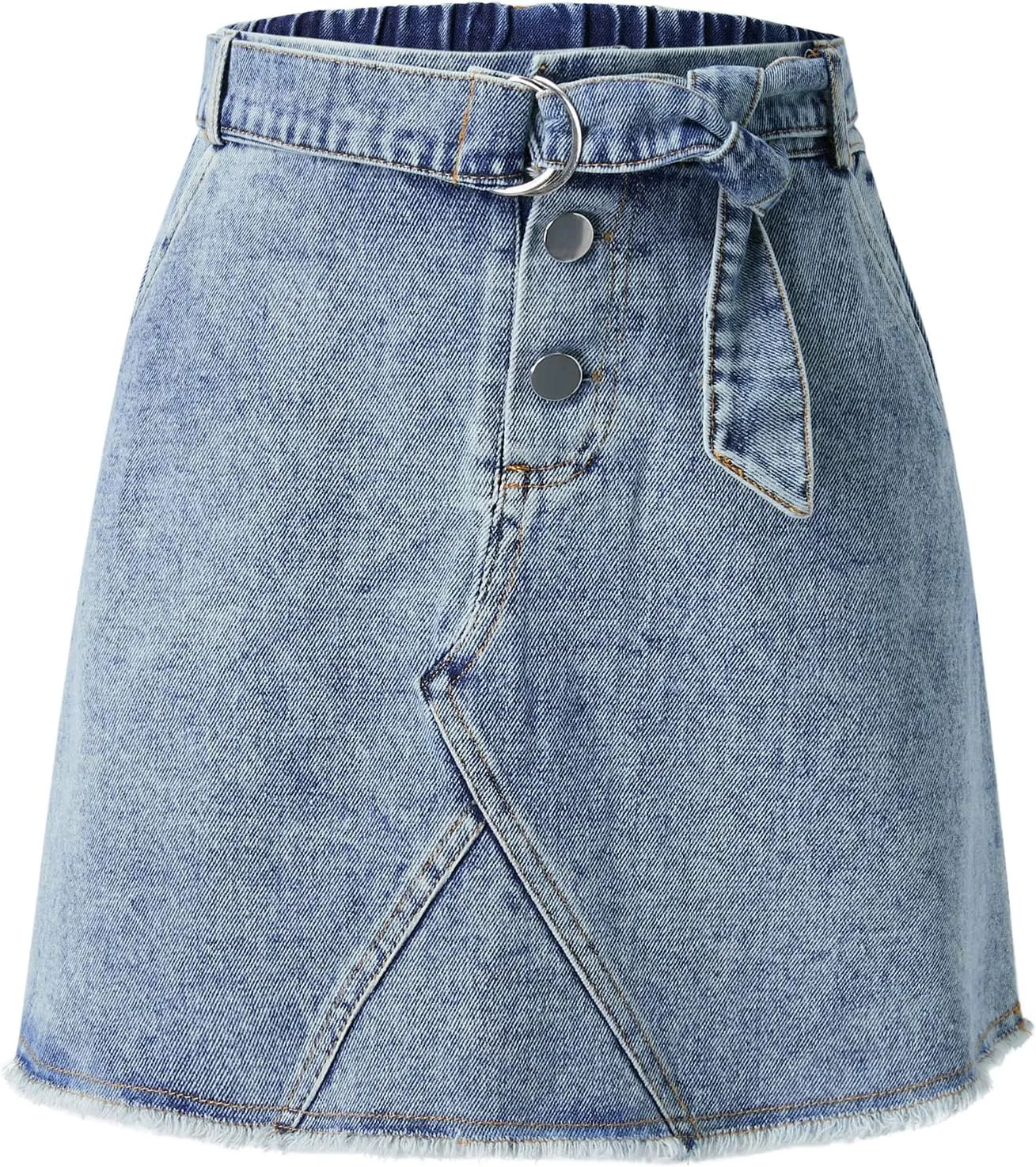 Girls Casual Denim Skirts Elastic High Waist A-Line Mini Cargo Skirt with Belt, Denim Hip Wrap Skirt