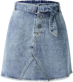 Girls Casual Denim Skirts Elastic High Waist A-Line Mini Cargo Skirt with Belt, Denim Hip Wrap Skirt