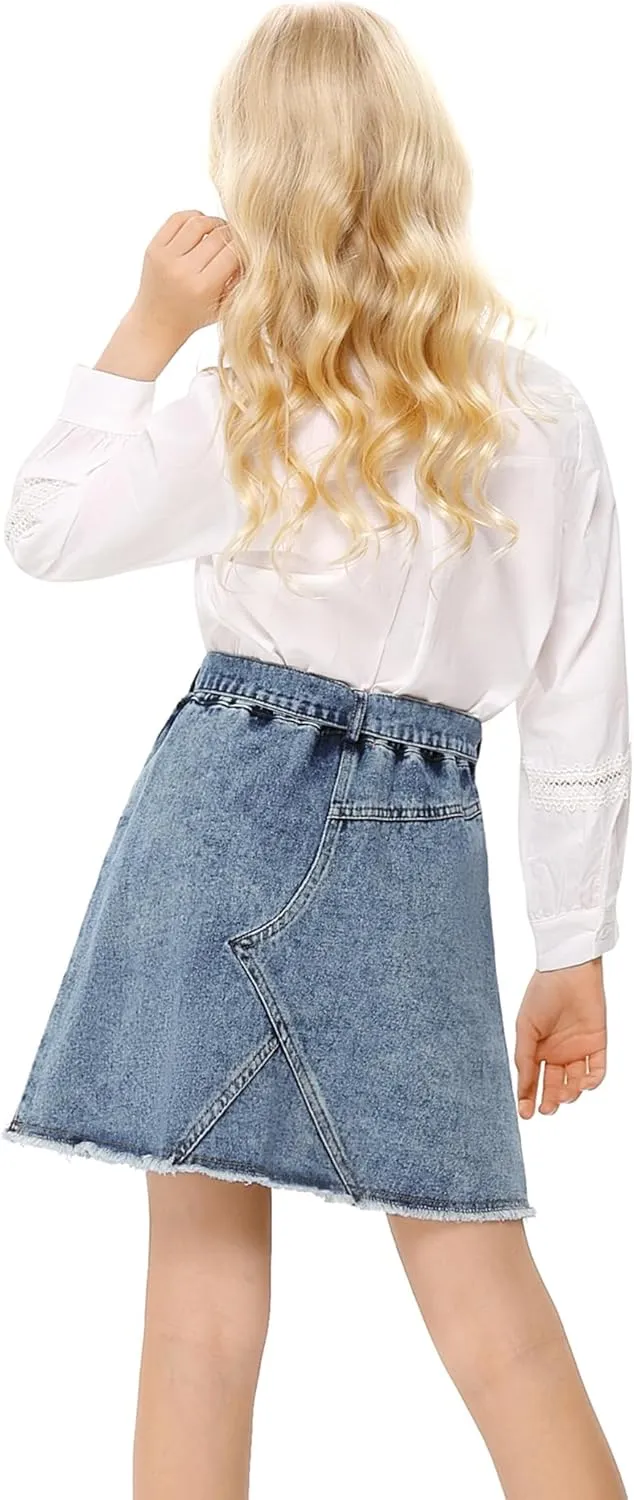 Girls Casual Denim Skirts Elastic High Waist A-Line Mini Cargo Skirt with Belt, Denim Hip Wrap Skirt