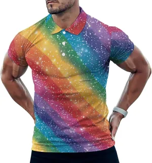 Glitter Rainbow Pattern Mens Polo Shirts Quick Dry Short Sleeve Golf Slim Fit T Shirt