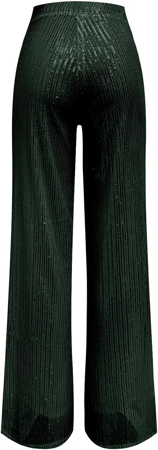 GOKKILRW Sequin Pant for Women Sparkly Glitter High Waist Wide Leg Slacks 70s Disco Party Night Club Trouser Shinny Buttoms