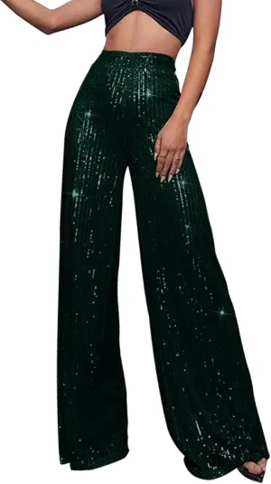 GOKKILRW Sequin Pant for Women Sparkly Glitter High Waist Wide Leg Slacks 70s Disco Party Night Club Trouser Shinny Buttoms