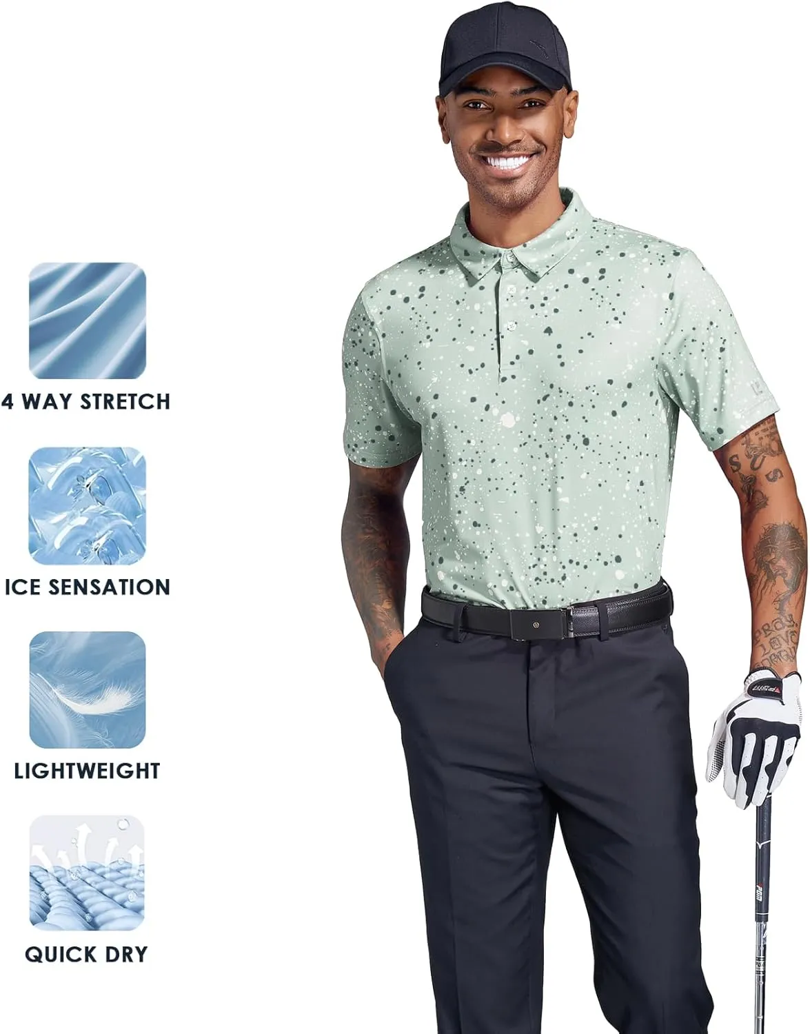 Golf Shirts for Men Dry Fit Performance Short Sleeve Print Moisture Wicking Polo Shirt