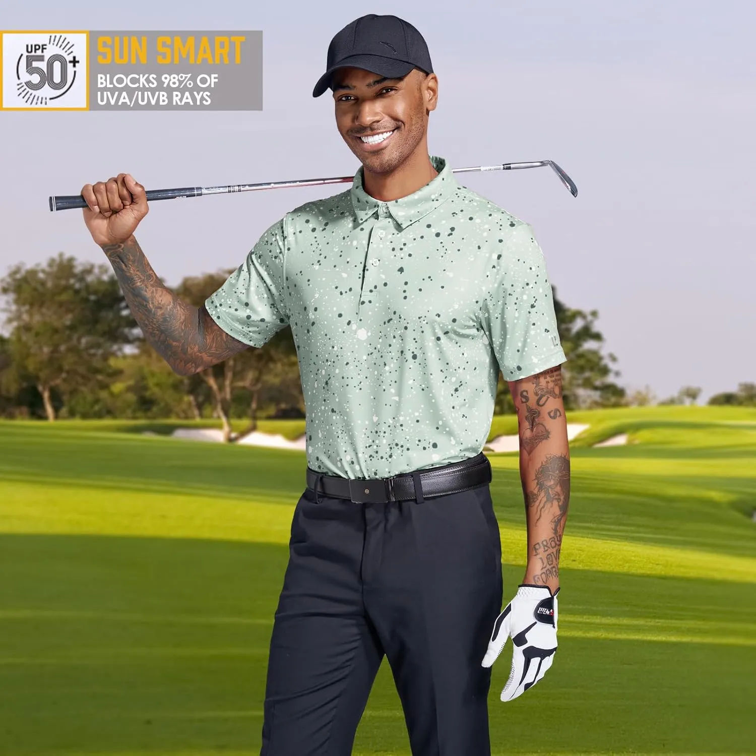 Golf Shirts for Men Dry Fit Performance Short Sleeve Print Moisture Wicking Polo Shirt