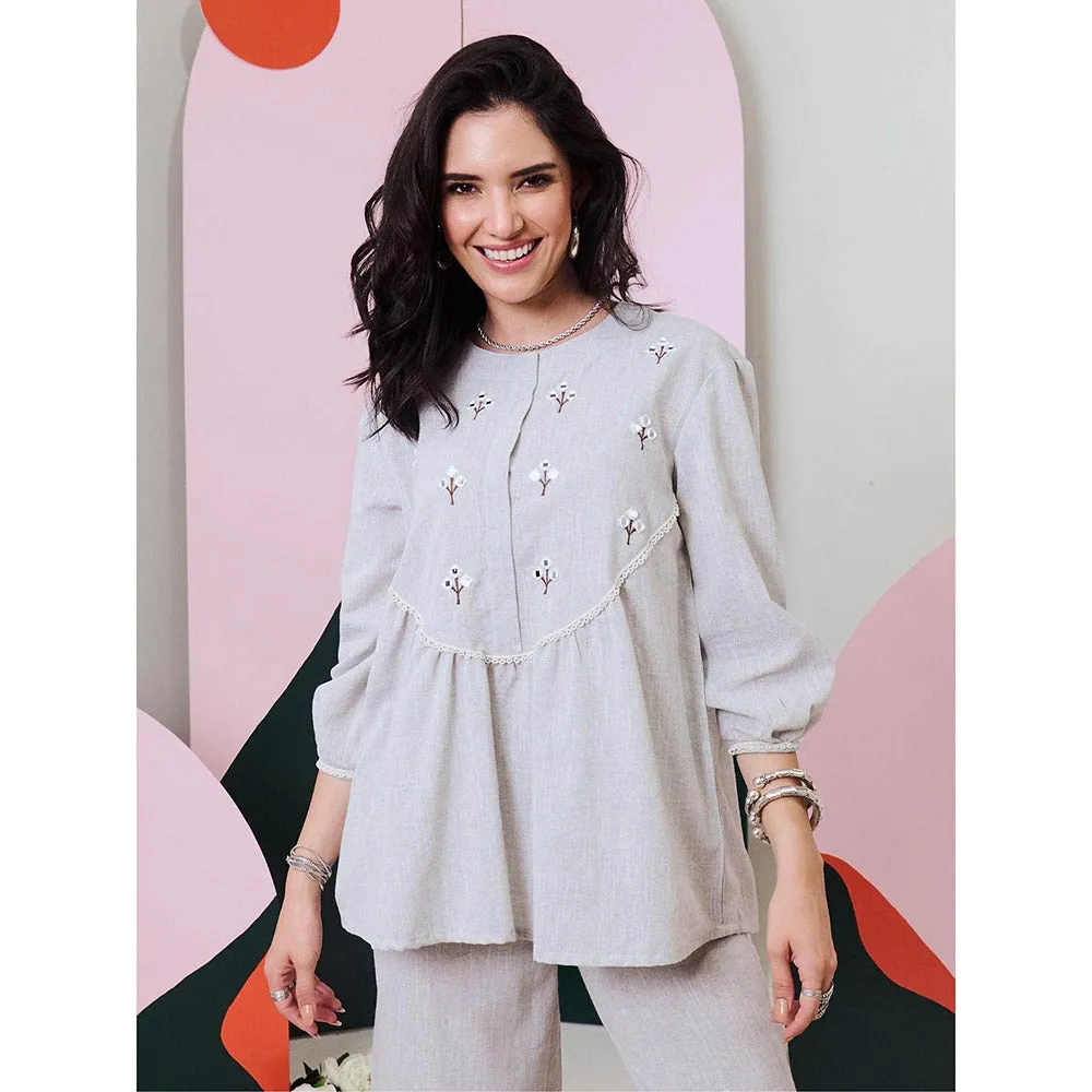 Gulaal Pakhi Grey Mirror Embroidered Top & Pant (Set Of 2)