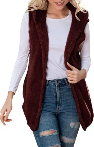 Gumipy Women Sleeveless Sherpa Vest Lapel Hooded Fleece Vest Jacket Trendg Open Front Oversized Cardigans Vests with Pockets