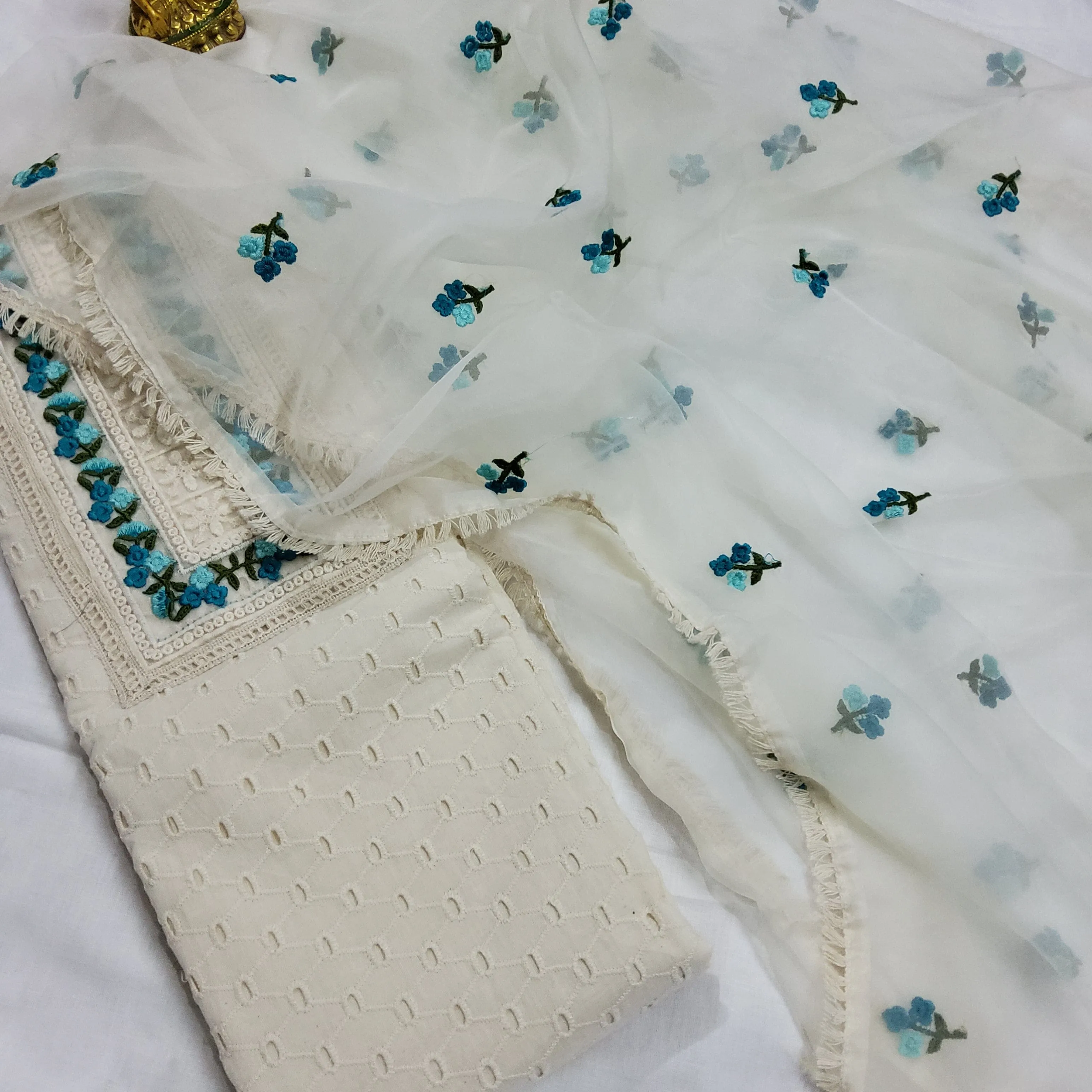 Hakoba Cotton Embroidered Dress Material with Embroidered Organza Dupatta