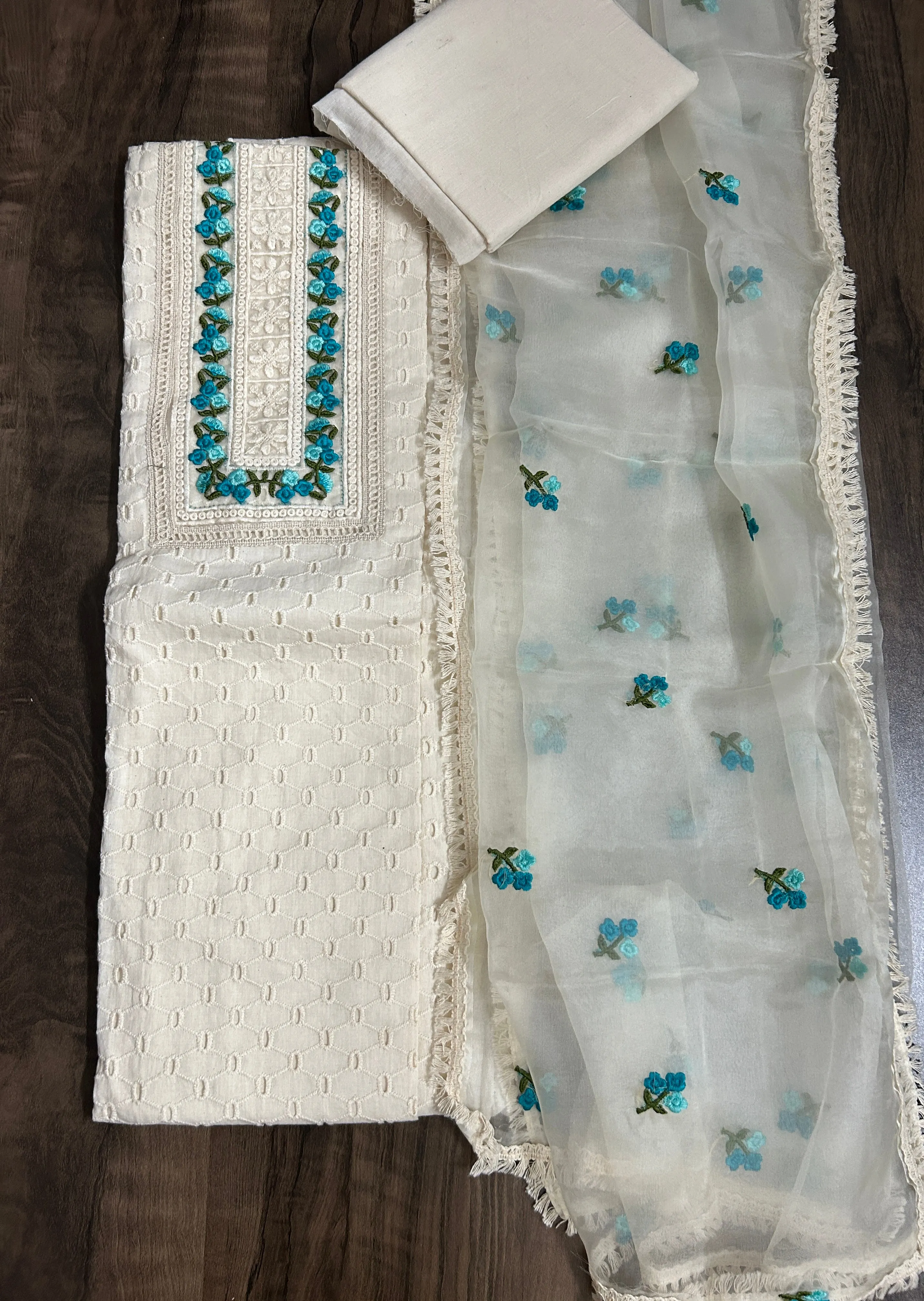 Hakoba Cotton Embroidered Dress Material with Embroidered Organza Dupatta