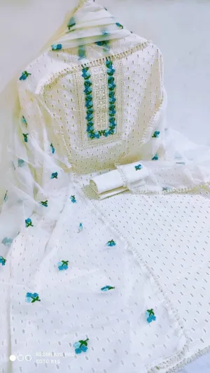 Hakoba Cotton Embroidered Dress Material with Embroidered Organza Dupatta