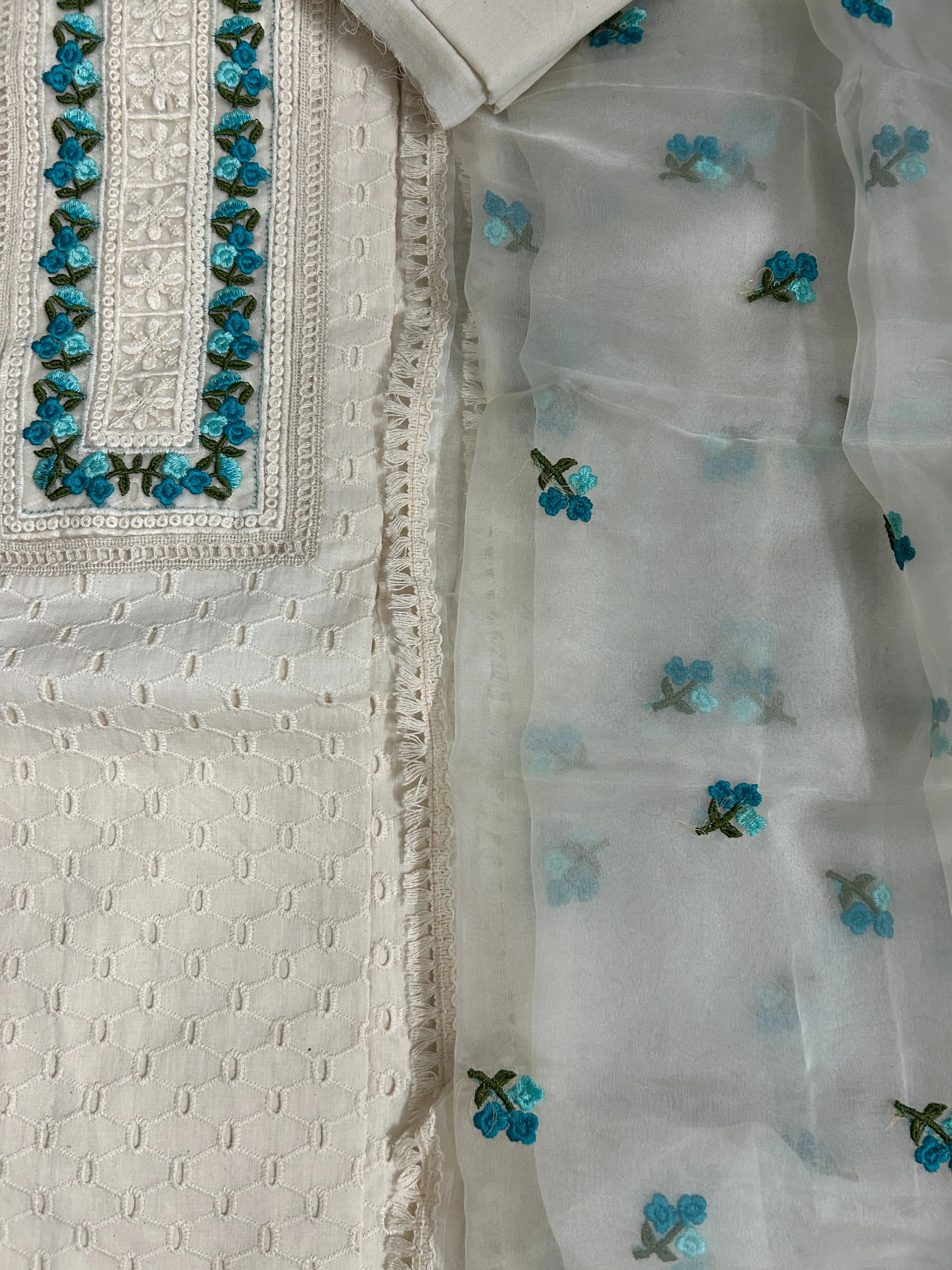 Hakoba Cotton Embroidered Dress Material with Embroidered Organza Dupatta