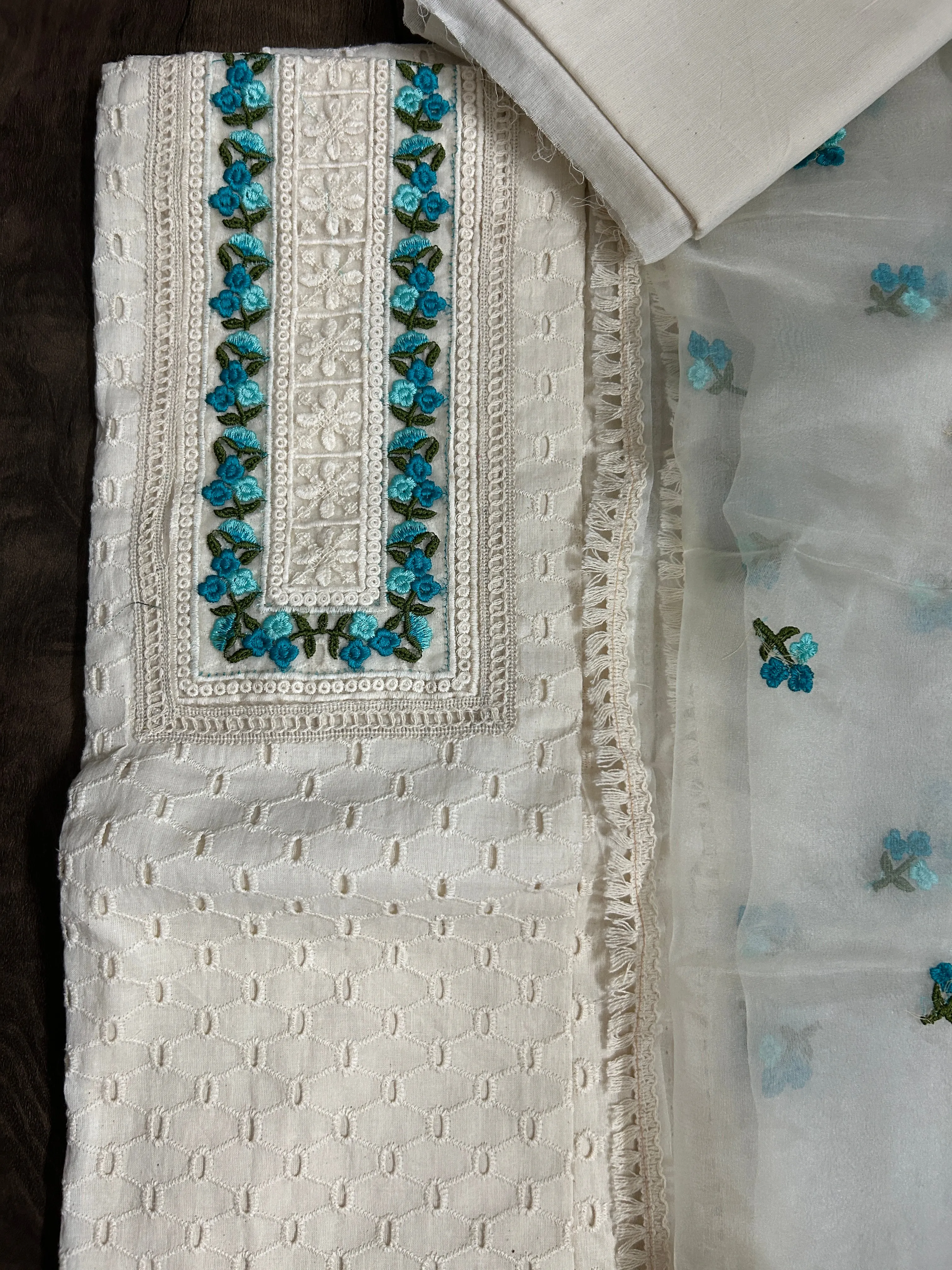 Hakoba Cotton Embroidered Dress Material with Embroidered Organza Dupatta