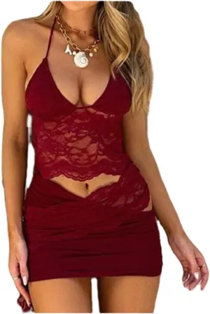 Hassembly Women Lace 2 Piece Skirt Set Sexy Low Cut Lace Mesh Crop Top Low Waist Ruched Mini Skirt Summer Y2k Bodycon Outfit
