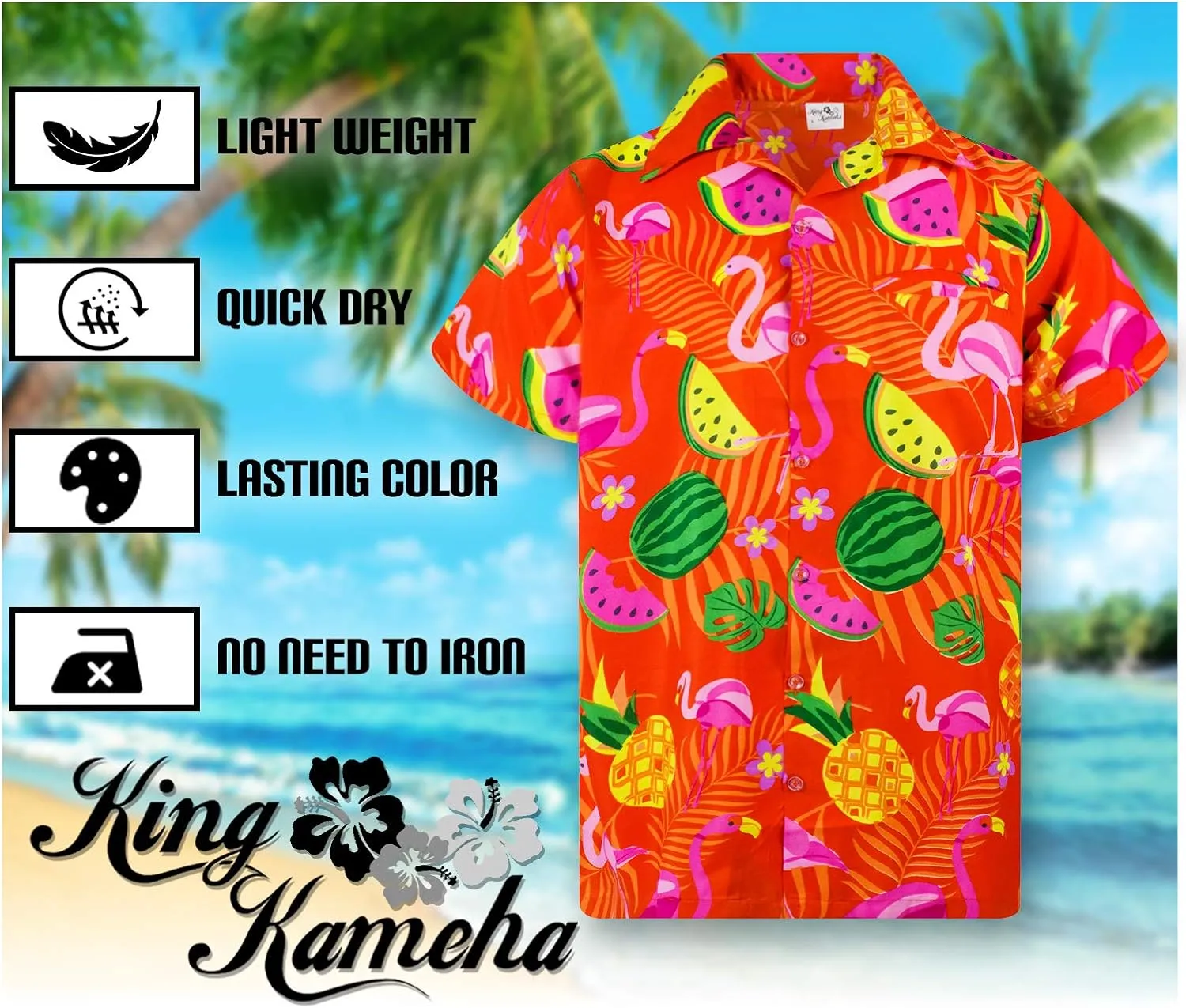 Hawaiian Shirt for Men Fruit-Desing Flamingos Regular-Shirts Short-Sleeve Button-Down Vacation