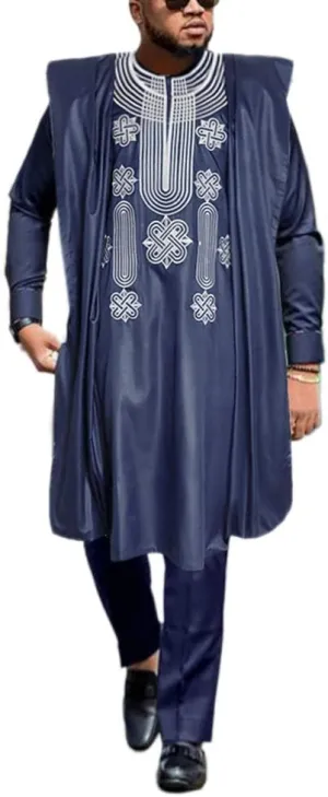 HD African Mens Apparel Agbada Clothing Embroidery Dashiki Shirts and Pants Outfits 3 Pieces