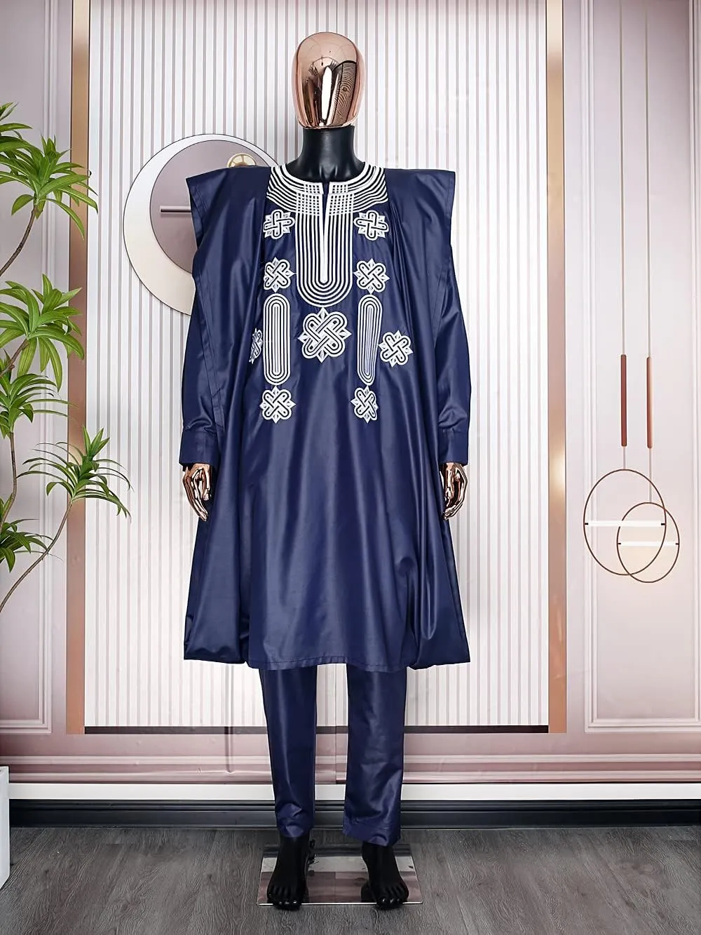 HD African Mens Apparel Agbada Clothing Embroidery Dashiki Shirts and Pants Outfits 3 Pieces