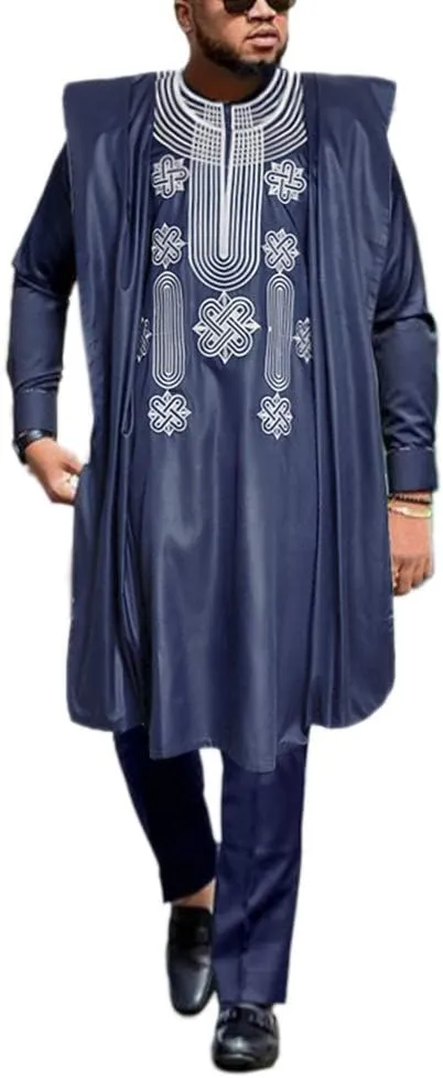 HD African Mens Apparel Agbada Clothing Embroidery Dashiki Shirts and Pants Outfits 3 Pieces