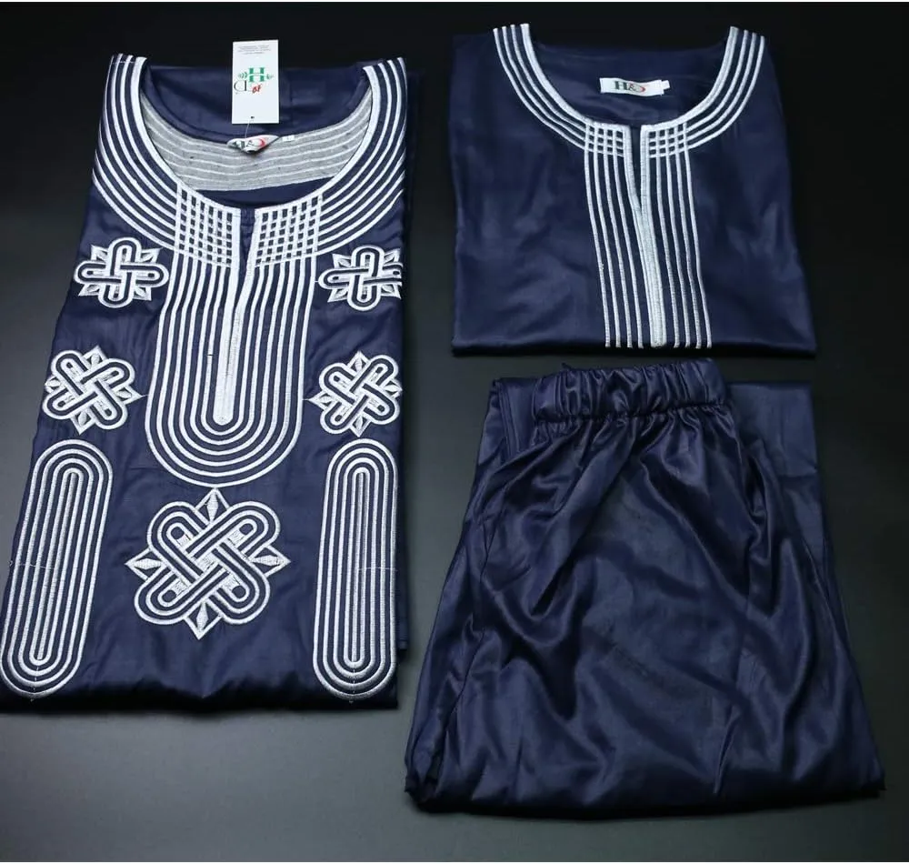 HD African Mens Apparel Agbada Clothing Embroidery Dashiki Shirts and Pants Outfits 3 Pieces