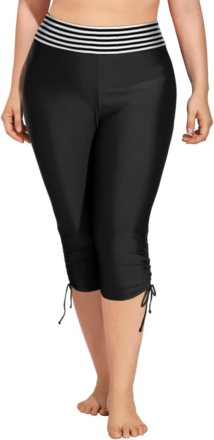 Holipick Womens Plus Size Swim Capris High Waisted Swim Pants Drawstring UPF50  Long Swim Shorts