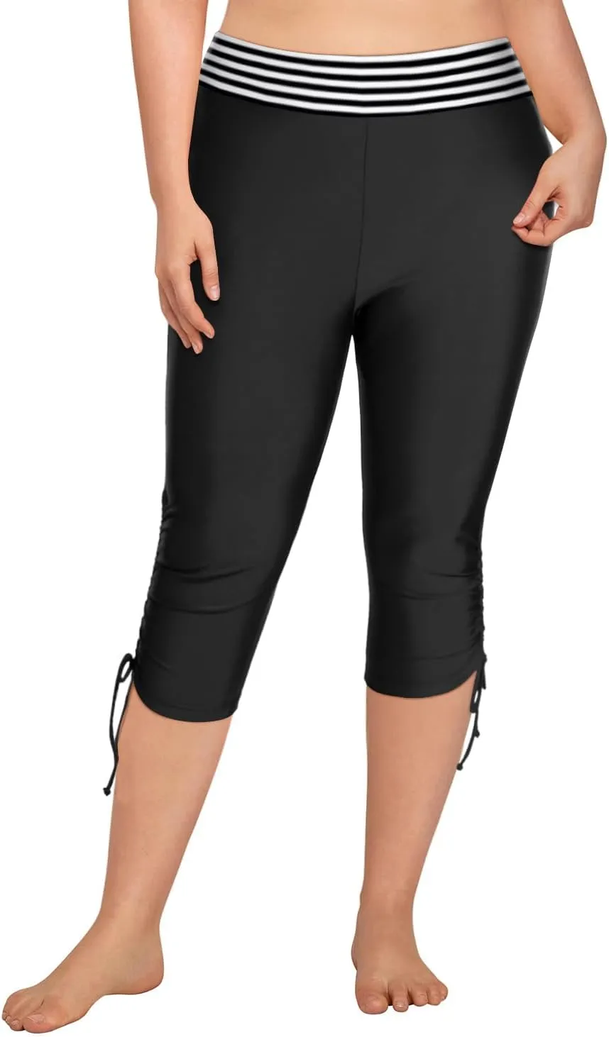 Holipick Womens Plus Size Swim Capris High Waisted Swim Pants Drawstring UPF50  Long Swim Shorts