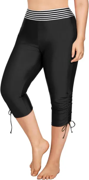 Holipick Womens Plus Size Swim Capris High Waisted Swim Pants Drawstring UPF50  Long Swim Shorts