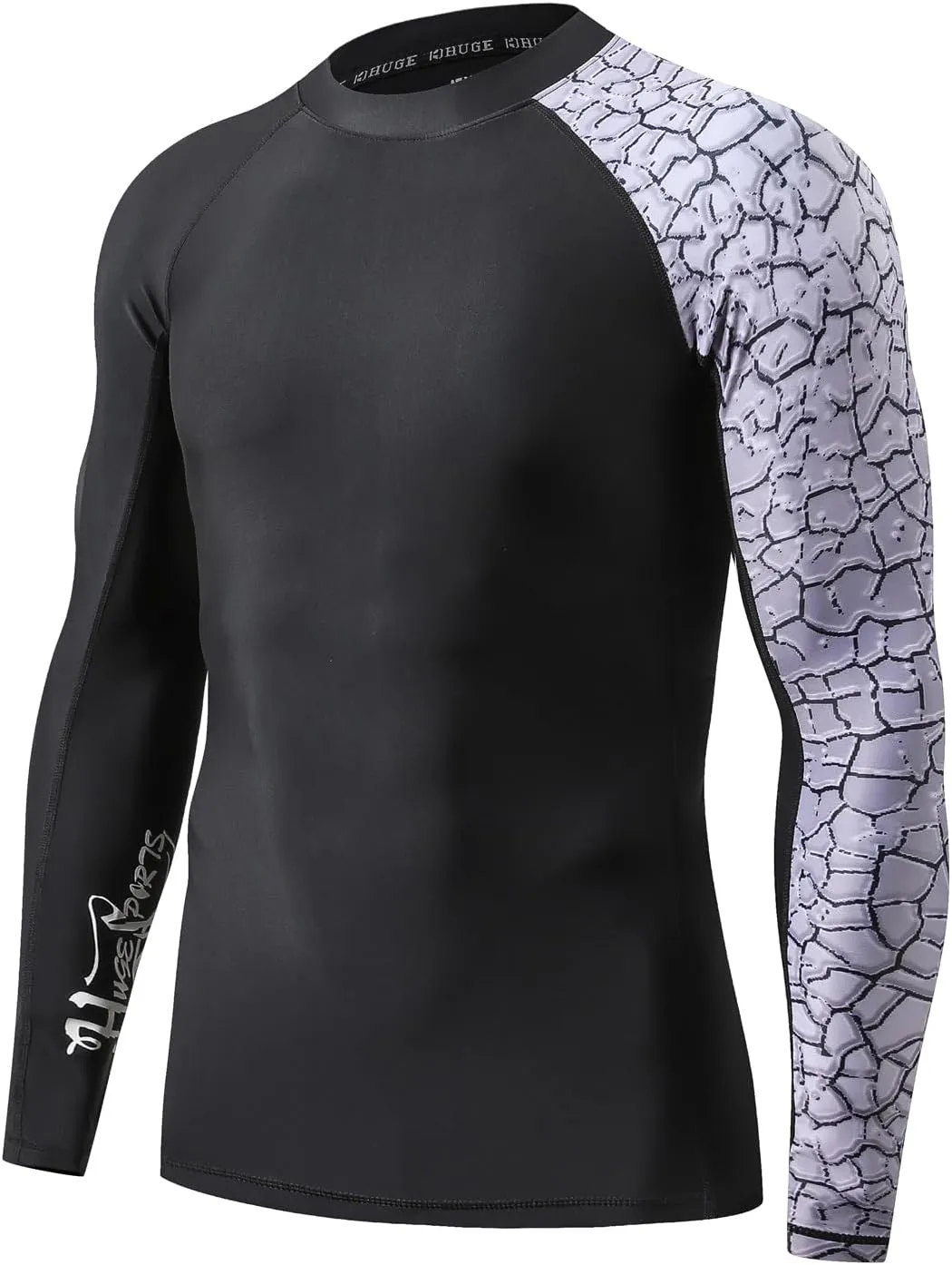HUGE SPORTS Men's Rash Guard Long Sleeves UPF 50  UV Sun Protection Quick Drying Splice Compression Swim Shirts