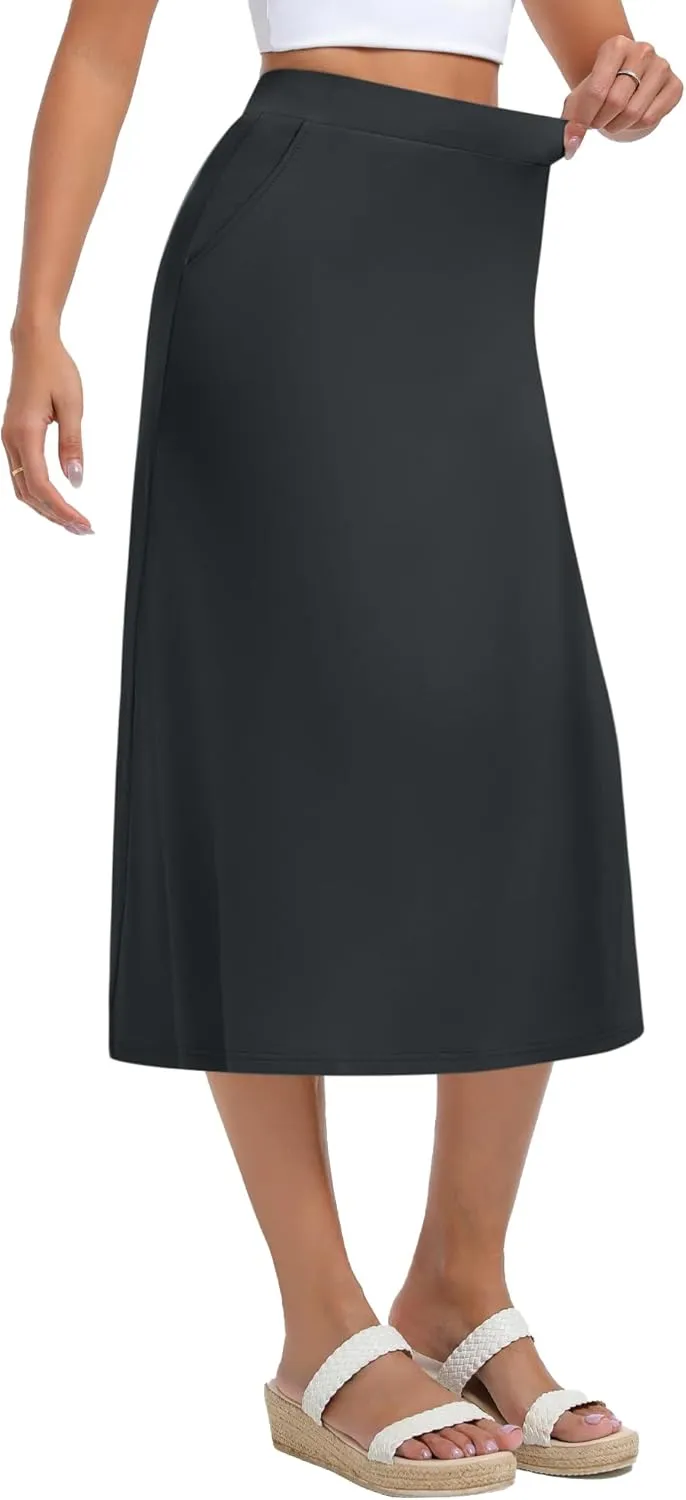 Huukeay 3 Pack Women's Midi Skirts with Pockets A Line Flared Stretchy High Waist Below Knee Skirt Dressy Summer Casual