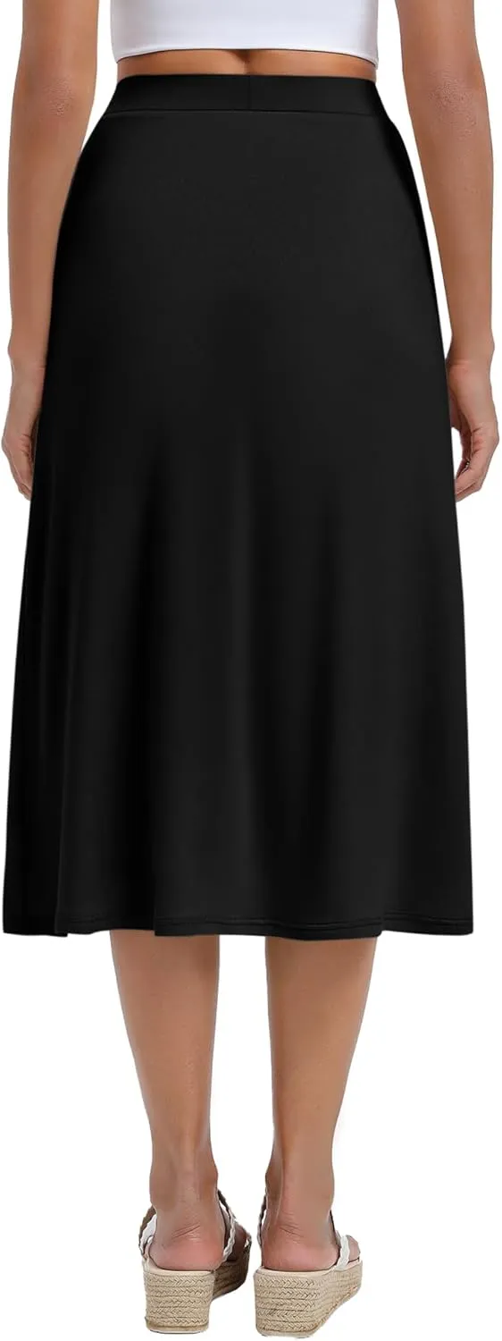 Huukeay 3 Pack Women's Midi Skirts with Pockets A Line Flared Stretchy High Waist Below Knee Skirt Dressy Summer Casual