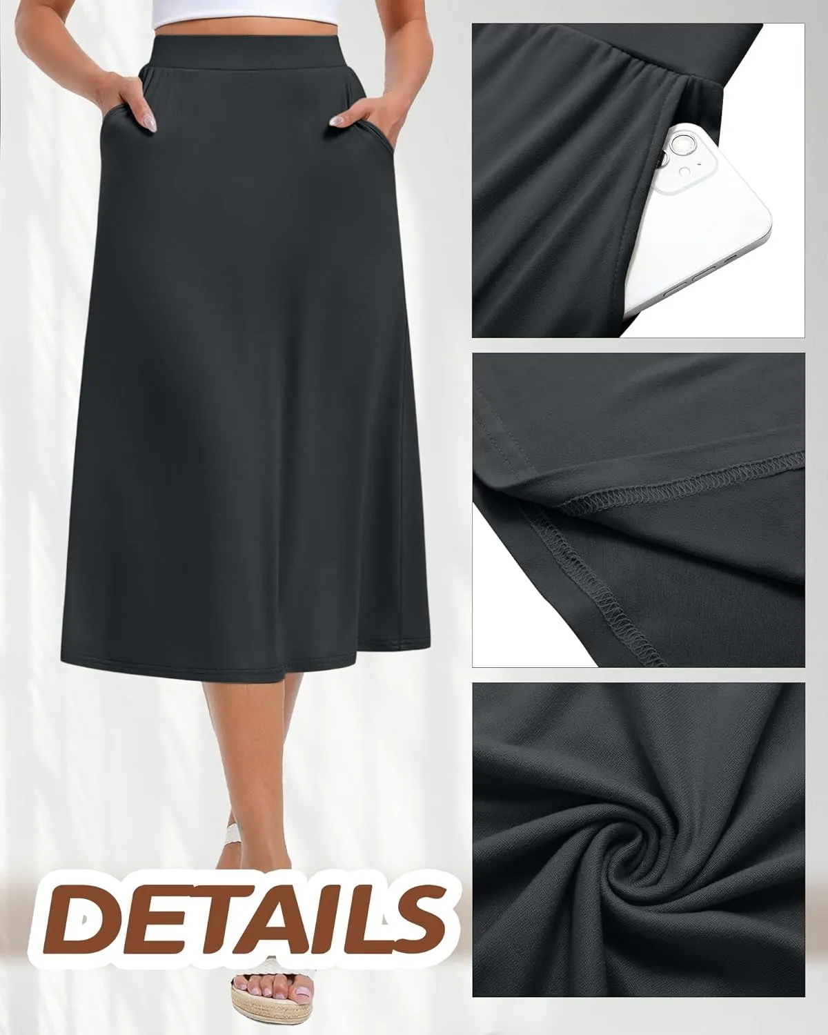 Huukeay 3 Pack Women's Midi Skirts with Pockets A Line Flared Stretchy High Waist Below Knee Skirt Dressy Summer Casual